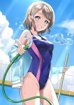  1girl blue_eyes blue_jacket blue_sky clouds competition_swimsuit contrapposto cowboy_shot day empty_pool gorilla-shi grey_hair grin highres hose jacket looking_at_viewer love_live! love_live!_sunshine!! one-piece_swimsuit outdoors short_hair sky smile solo standing swimsuit watanabe_you water 