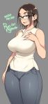  1girl 2020 agawa_ryou artist_name bare_shoulders black-framed_eyewear black_hair blue_eyes breasts commentary curvy dated grey_background large_breasts long_hair original signature simple_background smile solo standing thick_thighs thighs 