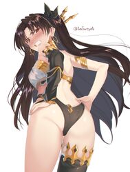  1girl angry armlet asymmetrical_legwear black_panties blush crown detached_sleeves earrings elbow_gloves fate/grand_order fate_(series) gloves highres hoop_earrings ishtar_(fate)_(all) ishtar_(fate/grand_order) jewelry kabocha_(monkey4) neck_ring panties red_eyes single_detached_sleeve single_elbow_glove single_sleeve single_thighhigh solo thigh-highs underwear 