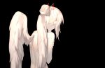  1girl absurdres angel_wings back black_background blonde_hair buttoniris commentary english_commentary facing_away feathered_wings from_behind hair_bun hair_ornament hairpin highres nape nude original self_hug simple_background solo two_(buttoniris) upper_body white_wings wings 