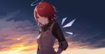  1girl arknights breasts brown_eyes commentary_request dusk exusiai_(arknights) hair_over_one_eye halo high_collar highres jacket long_sleeves looking_at_viewer outdoors quliru raglan_sleeves redhead short_hair small_breasts smile solo upper_body white_jacket 