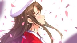  1girl alternate_hair_length alternate_hairstyle bangs beret blurry blurry_background blurry_foreground blush brown_eyes brown_hair hat highres jacket katou_megumi kazeno long_hair looking_up open_mouth petals profile red_jacket saenai_heroine_no_sodatekata solo wind 