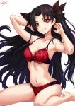  1girl arms_up artist_name bangs bare_arms bare_legs bare_shoulders barefoot black_hair bra breasts commentary_request fate/grand_order fate_(series) grin hair_ribbon head_tilt highres ishtar_(fate)_(all) ishtar_(fate/grand_order) long_hair looking_at_viewer medium_breasts navel panties red_bra red_eyes red_panties ribbon sakiyamama signature simple_background sitting smile solo stomach thighs two_side_up underwear underwear_only very_long_hair wariza white_background 