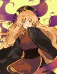  1girl black_dress black_headwear blonde_hair commentary_request cowboy_shot dress hand_up highres junko_(touhou) kabocha1408 long_hair looking_at_viewer open_mouth orange_eyes pom_pom_(clothes) sleeves_past_fingers sleeves_past_wrists smile solo tabard touhou wide_sleeves yellow_background 