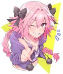  1boy astolfo_(fate) bangs black_bow bow cropped_torso fang fate/grand_order fate_(series) grin hair_bow highres hood hood_down hooded_jacket index_finger_raised jacket long_braid long_hair looking_at_viewer manami_(fearfac666) multicolored multicolored_eyes multicolored_hair navel notice_lines one_eye_closed otoko_no_ko pink_hair pointing pointing_at_viewer purple_jacket purple_shirt shirt skin_fang smile solo streaked_hair striped striped_shirt very_long_hair 