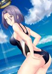  1girl adjusting_clothes adjusting_swimsuit ass back beach black_swimsuit blue_sky breasts clouds competition_swimsuit cowboy_shot day eyebrows headgear highleg highleg_swimsuit highres kantai_collection looking_at_viewer looking_back mechanical_halo medium_breasts one-piece_swimsuit open_mouth outdoors purple_hair short_hair sky solo standing sunlight swimsuit taira_yuuki tatsuta_(kantai_collection) violet_eyes water 