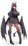  1girl :o black_footwear black_hair black_sweater black_tail black_wings boots breasts demon_girl demon_tail demon_wings dress glasses green_eyes high_heel_boots high_heels highres huge_breasts juugoya_(zyugoya) long_hair merii_(musuko_ga_kawaikute_shikatanai_mazoku_no_hahaoya) musuko_ga_kawaikute_shikatanai_mazoku_no_hahaoya pantyhose pointy_ears red_horns semi-rimless_eyewear sidelocks sweater sweater_dress tail under-rim_eyewear wings 