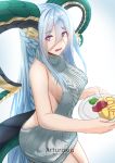 1girl absurdres arturaxia backless_dress backless_outfit blue_hair breasts dragon_horns dragon_tail dress eyebrows_visible_through_hair fate/grand_order fate_(series) food grey_sweater hair_between_eyes highres holding holding_plate horns large_breasts long_hair long_horns looking_at_viewer meme_attire naked_sweater no_bra open_mouth plate pointy_ears ribbed_sweater sideboob solo sweater sweater_dress symbol-shaped_pupils tail tiamat_(fate/grand_order) turtleneck turtleneck_sweater very_long_hair violet_eyes virgin_killer_sweater wavy_mouth x_x