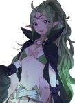  1girl ahoge belt black_gloves blush bow cape circlet commentary_request eyelashes fire_emblem fire_emblem_awakening flat_chest gloves green_hair highres long_hair manakete midriff navel nowi_(fire_emblem) open_mouth pink_bow pointy_ears ponytail simple_background solo ume_ryou violet_eyes white_background 