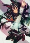  1girl :o absurdres animal_ears black_hair black_skirt black_tail commentary_request copyright_request highres jumping kaamin_(mariarose753) long_hair open_mouth pantyhose pleated_skirt red_eyes school_uniform serafuku shoes simple_background skirt tail v very_long_hair 