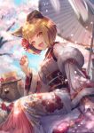 1girl :d animal_ears azalea4 bangs blonde_hair blue_sky blunt_bangs blush cherry_blossoms clouds commentary_request day detached_sleeves dog dog_ears dog_tail eyebrows_visible_through_hair fur_trim granblue_fantasy hand_up hat highres looking_at_viewer nail_polish open_mouth oriental_umbrella outdoors red_nails short_hair sitting sky smile solo tail twitter_username umbrella vajra_(granblue_fantasy) yellow_eyes 