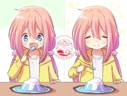  1girl blue_eyes closed_eyes commentary curry curry_rice eating food heyacamp highres kagamihara_nadeshiko left-to-right_manga long_hair nyaa_(nnekoron) pink_hair rice scrunchie spoon translated twintails yurucamp 