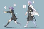  1boy 1girl bernadetta_von_varley bike_shorts boots cape fire_emblem fire_emblem:_three_houses from_side garreg_mach_monastery_uniform high_heel_boots high_heels long_sleeves open_mouth purple_hair robaco scabbard sheath sheathed short_hair simple_background sword twitter_username uniform weapon white_cape yuri_(fire_emblem) 