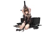  1girl alternate_costume armpits arms_up bangs black_hair blunt_bangs bound breasts brown_hair closed_mouth dress dsr-50_(girls_frontline) evening_gown girls_frontline gun jewelry liduke long_hair looking_at_viewer necklace neckwear official_art red_eyes shoes solo suitcase tied_up torn_clothes torn_dress transparent_background weapon yellow_footwear 