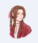  1girl aerith_gainsborough bow braid brown_hair clivenzu final_fantasy final_fantasy_vii final_fantasy_vii_remake green_eyes hair_ribbon highres jacket lips long_hair pink_bow red_jacket ribbon simple_background smile solo upper_body white_background 