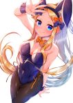  1girl abigail_williams_(fate/grand_order) akirannu animal_ears bangs black_bow black_leotard blonde_hair blue_eyes bow bowtie breasts bunnysuit closed_mouth covered_navel detached_collar fate/grand_order fate_(series) forehead hair_bow highleg highleg_leotard highres leotard light_particles long_hair multiple_bows orange_bow pantyhose parted_bangs ponytail rabbit_ears simple_background small_breasts smile solo strapless strapless_leotard thighs white_background wrist_cuffs 