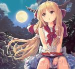  1girl alcohol bangs bare_shoulders blonde_hair blue_skirt blush clouds commentary_request culter cup eyebrows_visible_through_hair feet_out_of_frame full_moon holding holding_cup horns ibuki_suika long_hair low-tied_long_hair moon night night_sky oni oni_horns outdoors parted_lips sakazuki sake sample shirt sitting skirt sky sleeveless sleeveless_shirt solo touhou very_long_hair watermark white_shirt yellow_eyes 