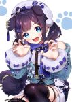  1girl :d aiba_uiha animal_ears bare_shoulders beret black_hair black_legwear blue_bow blue_eyes blue_jacket blue_nails blue_sky bow braid claw_pose commentary_request dog_ears dog_girl dog_tail fangs fur-trimmed_sleeves fur_trim hands_up hat heart jacket kemonomimi_mode long_sleeves nail_polish nijisanji off_shoulder open_mouth simple_background sky smile solo squatting tail thigh-highs virtual_youtuber white_background white_headwear yamabukiiro 