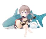  1girl absurdres barefoot brown_hair elanore girls_frontline guitar highres ikea_shark instrument m200_(girls_frontline) medium_hair solo stuffed_animal stuffed_shark stuffed_toy violet_eyes 