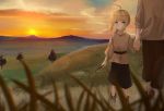  1boy 1girl ahoge artoria_pendragon_(all) black_pants black_shorts blonde_hair blurry_foreground boots brown_footwear brown_shirt child fate/stay_night fate_(series) floating_hair grass green_eyes highres holding holding_hands holding_wand long_hair long_sleeves looking_to_the_side mountainous_horizon nayu_tundora outdoors pants ponytail saber shirt shorts sketch wand 