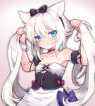 1girl animal_ear_fluff animal_ears armpits arms_up azur_lane bangs bare_shoulders black_bow black_skirt black_sleeves blue_bow blue_eyes bow breasts bunching_hair cat_ears closed_mouth collarbone commentary_request detached_sleeves eyebrows_visible_through_hair fang fang_out gradient gradient_background grey_background hair_between_eyes hair_bow hammann_(azur_lane) long_hair looking_at_viewer nanopai_kakumeikokonoyu puffy_short_sleeves puffy_sleeves red_bow retrofit_(azur_lane) short_sleeves silver_hair skirt small_breasts solo strapless twintails twitter_username very_long_hair white_background wrist_cuffs 