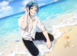  1boy beach earrings floyd_leech green_hair heterochromia jewelry looking_at_viewer male_focus multicolored_hair seashell see-through sharp_teeth shell shirt short_hair smile starfish take_bayashi_3d teeth twisted_wonderland water wet wet_clothes wet_shirt 