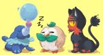  bird cat closed_eyes commentary creature english_commentary full_body gen_7_pokemon litten looking_at_viewer looking_to_the_side no_humans pokemon pokemon_(creature) popplio profile rowlet simple_background sitting sleeping standing tonestarr yellow_background yellow_eyes 