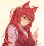  animal_ears artist_name blush breasts brown_eyes cat_ears closed_mouth eyebrows_visible_through_hair hair_between_eyes heterochromia highres index_finger_raised large_breasts long_hair long_sleeves looking_at_viewer newmoonshira original pout pouty_lips red_eyes redhead upper_body very_long_hair watermark web_address 