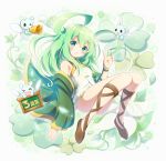  &gt;_&lt; 1girl :d ahoge aqua_eyes bell blush blush_stickers character_request clover commentary_request four-leaf_clover full_body green_hair highres last_period neru_(neruneruru) one_eye_closed open_mouth smile solo translation_request wings xd 