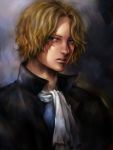  1boy absurdres ascot bangs blonde_hair collar highres looking_at_viewer male_focus one_piece parted_lips sabo_(one_piece) scar seodongwha short_hair solo upper_body wavy_hair white_neckwear 