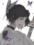 1girl alissax1419 black_hair blood blood_from_mouth blurry blurry_background blurry_foreground bug butterfly butterfly_hair_ornament hair_intakes hair_ornament hairclip haori holding holding_sword holding_weapon insect japanese_clothes kimetsu_no_yaiba kochou_shinobu looking_at_viewer profile sheath sheathed shiny shiny_hair short_hair solo sword upper_body violet_eyes weapon 