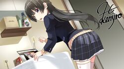  1girl absurdres black_hair blazer bleach_(chemical) bow braid cable cellphone commentary_request computer detergent electric_socket hair_ornament hairclip hata_kenjirou highres jacket laptop long_hair looking_to_the_side nijisanji open_mouth phone school_uniform signature skirt smartphone solo tsukino_mito virtual_youtuber washing_machine 