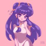  1980s_(style) 1girl 2020 beads china_dress chinese_clothes clenched_hand dated double_bun dress eyebrows_visible_through_hair floating_hair hair_beads hair_ornament mahosame oldschool pink_background purple_hair ranma_1/2 shampoo_(ranma_1/2) violet_eyes white_dress 