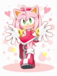  1girl :d amy_rose blush boots bracelet dress eyelashes full_body gloves green_eyes hairband heart heart_print hedgehog hedgehog_ears hedgehog_girl hedgehog_tail jewelry leg_up looking_at_viewer neru_(neruneruru) open_mouth outline outstretched_arms pink_hair pink_hairband smile solo sonic_the_hedgehog star star_print 