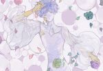  1other androgynous arm_at_side bangs blue_hair closed_mouth flower golden_arms green_flower green_rose grey_eyes highres holding holding_flower houseki_no_kuni long_sleeves looking_at_viewer lying necktie on_back pale_skin petals phosphophyllite phosphophyllite_(ll) puffy_long_sleeves puffy_sleeves purple_flower purple_rose red_flower red_rose rose see-through short_hair solo sunfish263 upper_body white_neckwear 