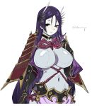  1girl armlet bangs black_gloves bodysuit breasts chuzenji covered_navel curvy fate/grand_order fate_(series) gloves highres large_breasts long_hair minamoto_no_raikou_(fate/grand_order) parted_bangs purple_bodysuit purple_hair ribbed_sleeves rope smile solo upper_body very_long_hair violet_eyes 