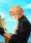  1boy artist_name ascot bangs black_gloves blonde_hair blue_sky clenched_teeth closed_eyes clouds from_side gloves holding holding_newspaper long_sleeves male_focus newspaper ocean one_piece outdoors sabo_(one_piece) scar short_hair sky smile solo teeth tsuyomaru upper_body wavy_hair white_neckwear 