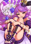  1girl :d absurdres bare_shoulders blue_eyes crown eyebrows_visible_through_hair flower highres kiratto_pri_chan knees_to_chest long_hair looking_at_viewer lying on_back open_mouth pretty_(series) purple_hair purple_nails sandals shido_mel smile solo ushikousen very_long_hair 