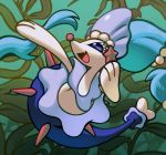  :d commentary creature english_commentary fang full_body gen_7_pokemon happy long_hair no_humans open_mouth pinkgermy pokemon pokemon_(creature) primarina seaweed smile solo underwater water 
