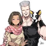  1girl 2boys a.p.p.p. animal blue_eyes breasts character_request chinese_commentary closed_mouth commentary_request dark_skin dog earrings ejami french_bulldog grey_hair human iggy_(jojo) jean_pierre_polnareff jewelry jojo&#039;s_bizarre_adventure jojo_no_kimyou_na_bouken looking_at_viewer mammal multiple_boys shueisha simple_background smile white_background 
