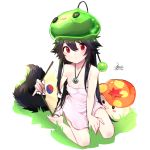  1girl animal_ears bare_shoulders black_hair blush breasts closed_mouth dated dress ejami ekko_(ejami) flag fox_ears fox_girl fox_tail jewelry long_hair looking_at_viewer maplestory mushroom necklace original red_eyes signature slime_(maplestory) small_breasts smile tail white_background 