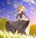  1girl absurdres ahoge apron artoria_pendragon_(all) bangs barefoot blonde_hair blue_dress blue_sky blurry_foreground closed_mouth clouds day dress eyebrows_visible_through_hair fate/stay_night fate_(series) floating_hair grass green_eyes highres long_dress long_hair long_sleeves looking_at_viewer looking_back nw_0925 outdoors saber shiny shiny_hair sky smile solo walking white_apron 