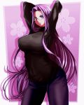  1girl absurdres black_sweater breasts demonx20 denim fate/hollow_ataraxia fate/stay_night fate_(series) glasses heaven&#039;s_feel highres jeans large_breasts long_hair looking_at_viewer pants purple_hair purple_pants rider solo sweater thigh-highs very_long_hair violet_eyes 