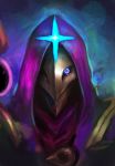  1boy blue_eyes face glowing glowing_eye highres hood hood_up iothree7 jhin league_of_legends male_focus mask painterly solo upper_body 