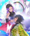  1boy 1girl arm_up black_eyes black_hair black_jacket bug butterfly butterfly_hair_ornament closed_mouth eye_contact hair_ornament haori insect jacket japanese_clothes kimetsu_no_yaiba kochou_shinobu long_hair long_sleeves looking_at_another military_jacket ponytail purple_hair short_hair smile tomioka_giyuu violet_eyes waterstaring wide_sleeves 