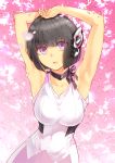  1girl bangs bare_arms black_hair breasts cherry_blossoms collarbone commentary_request eyebrows_visible_through_hair highres humagear_headphones inaba_makoto is_(kamen_rider_01) kamen_rider large_breasts looking_at_viewer pink_eyes robot_ears short_hair sleeveless smile solo 