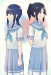  2girls arms_at_sides arms_behind_back bangs black_hair blue_eyes blue_hair blue_neckwear blue_sailor_collar blue_skirt blunt_bangs closed_mouth expressionless eyebrows_visible_through_hair from_side hibike!_euphonium highres kasaki_nozomi kitauji_high_school_uniform liz_to_aoi_tori long_hair looking_afar matarasu_(aaaaaaaaj) medium_skirt multicolored multicolored_background multiple_girls neckerchief pleated_skirt profile red_eyes sailor_collar school_uniform serafuku shirt short_hair short_ponytail sidelocks skirt smile white_shirt yoroizuka_mizore 