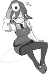  1girl alchera breasts denise_marmalade earrings full_body glasses gloves graphite_(medium) greyscale hat jewelry miniskirt monochrome necktie pantyhose police police_uniform rockman rockman_dash short_hair skirt solo traditional_media tron_ni_kobun uniform 