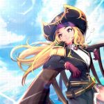  1girl belt blonde_hair breasts ejami gloves hat jewelry long_hair maplestory open_mouth pirate pirate_hat smile solo 