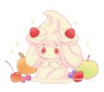  alcremie apple ayu_(mog) blueberry cherry food fruit full_body green_apple looking_at_viewer no_humans orange pokemon pokemon_(creature) raspberry signature solo sparkle strawberry white_background 